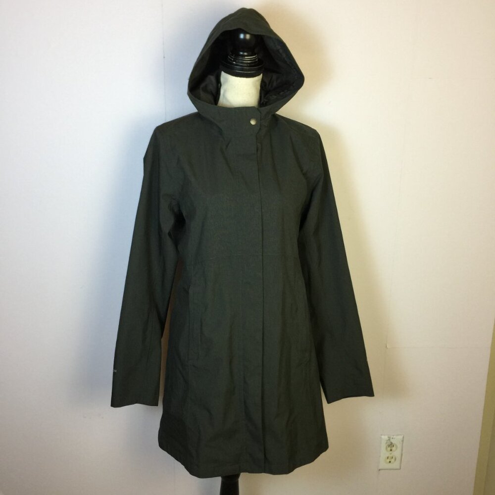 Eddie Bauer Trench Coat Jacket Size M Womans Gray Hooded Weatheredge Zip Pockets